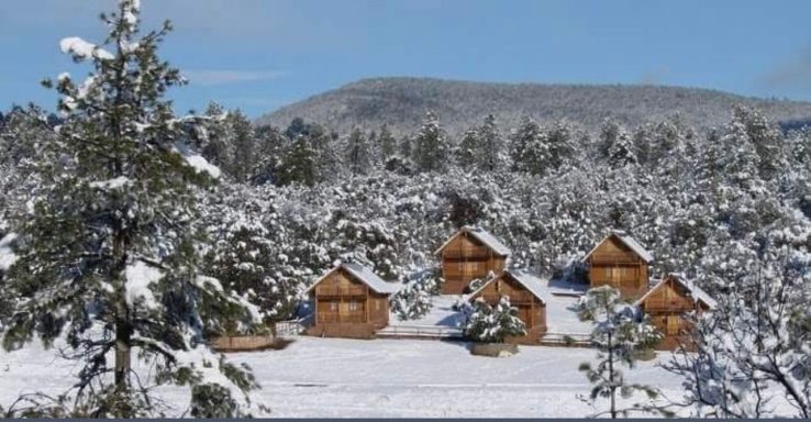 Cabañas de madera cubiertas de nieve en un paisaje montañoso. 