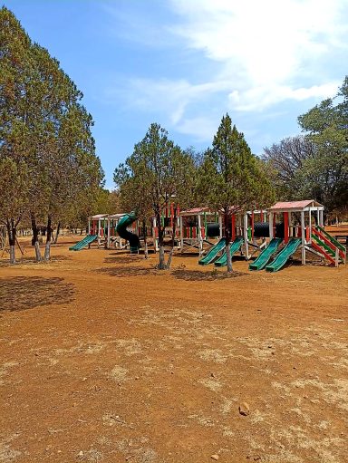 Parque infantil con toboganes y estructuras de juego rodeadas de árboles. cielo azul.