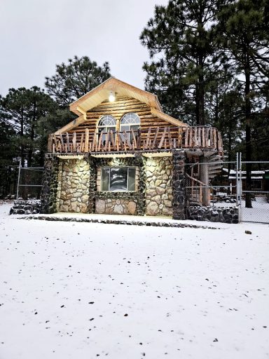 Cabaña de madera y piedra en un paisaje nevado, rodeada de pinos.