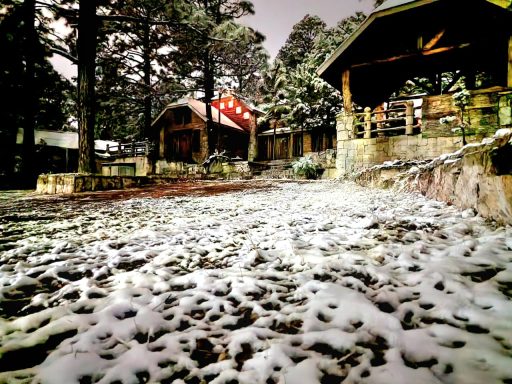 Escena de un paisaje nevado con cabañas y árboles en el fondo.